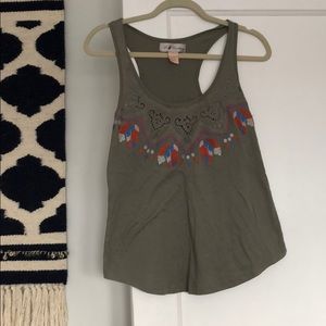Olive green racer back tank with embroidery